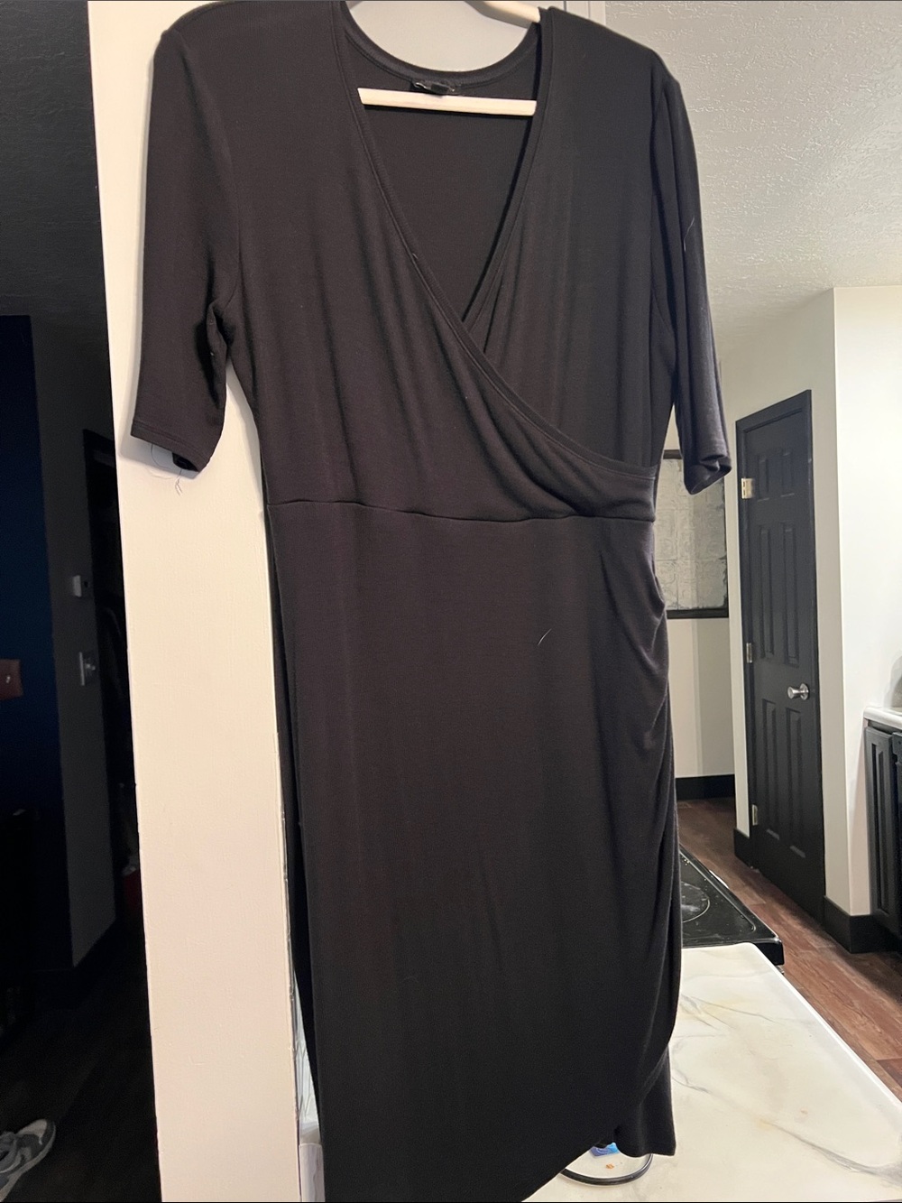 Classic Black Wrap-Style double lined, rib knit Women’s Dress with pockets